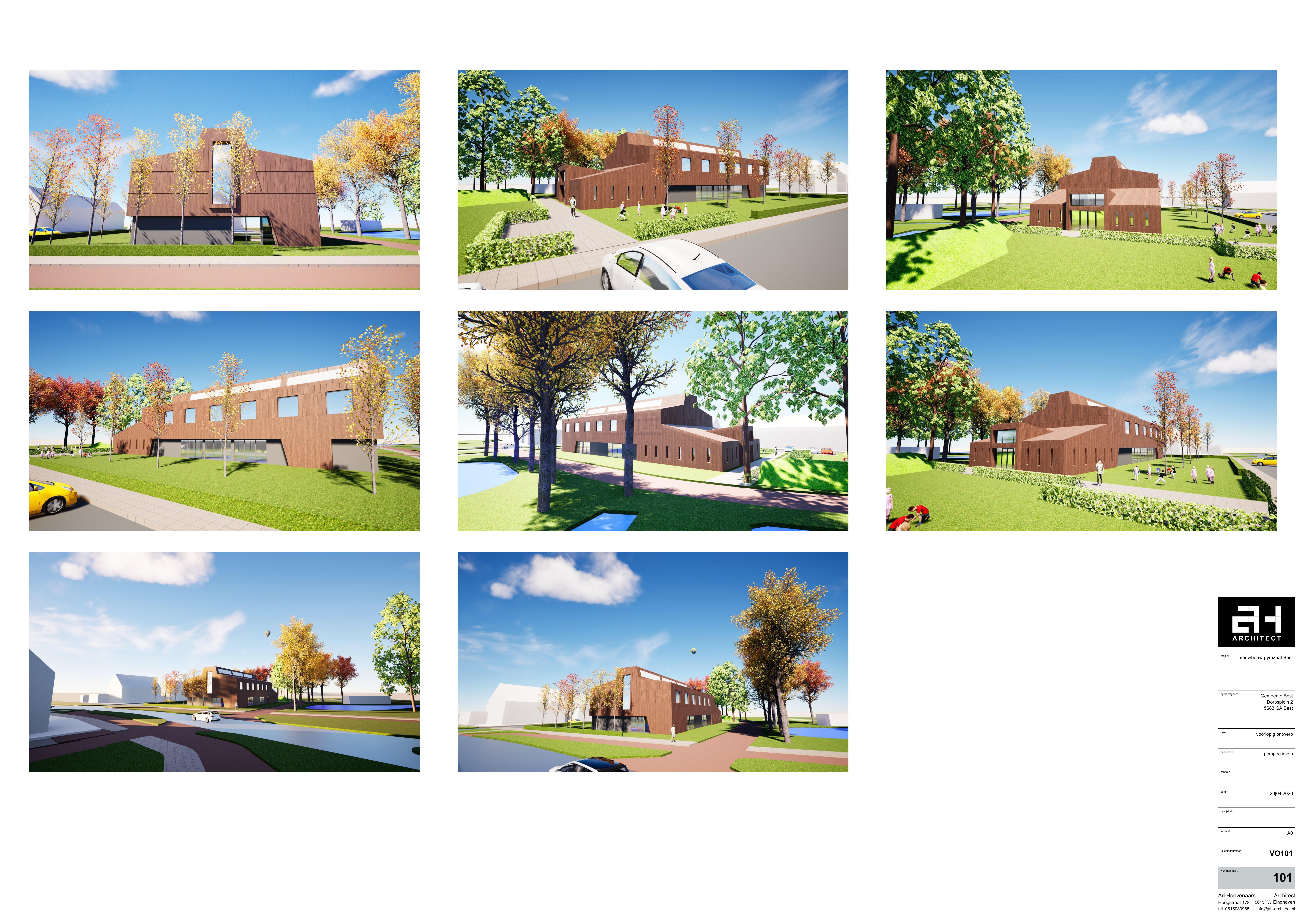 Impressies van het voorlopige nieuwbouwontwerp van de gymzaal voor de scholen Dijkstraten en Aarlesche Erven