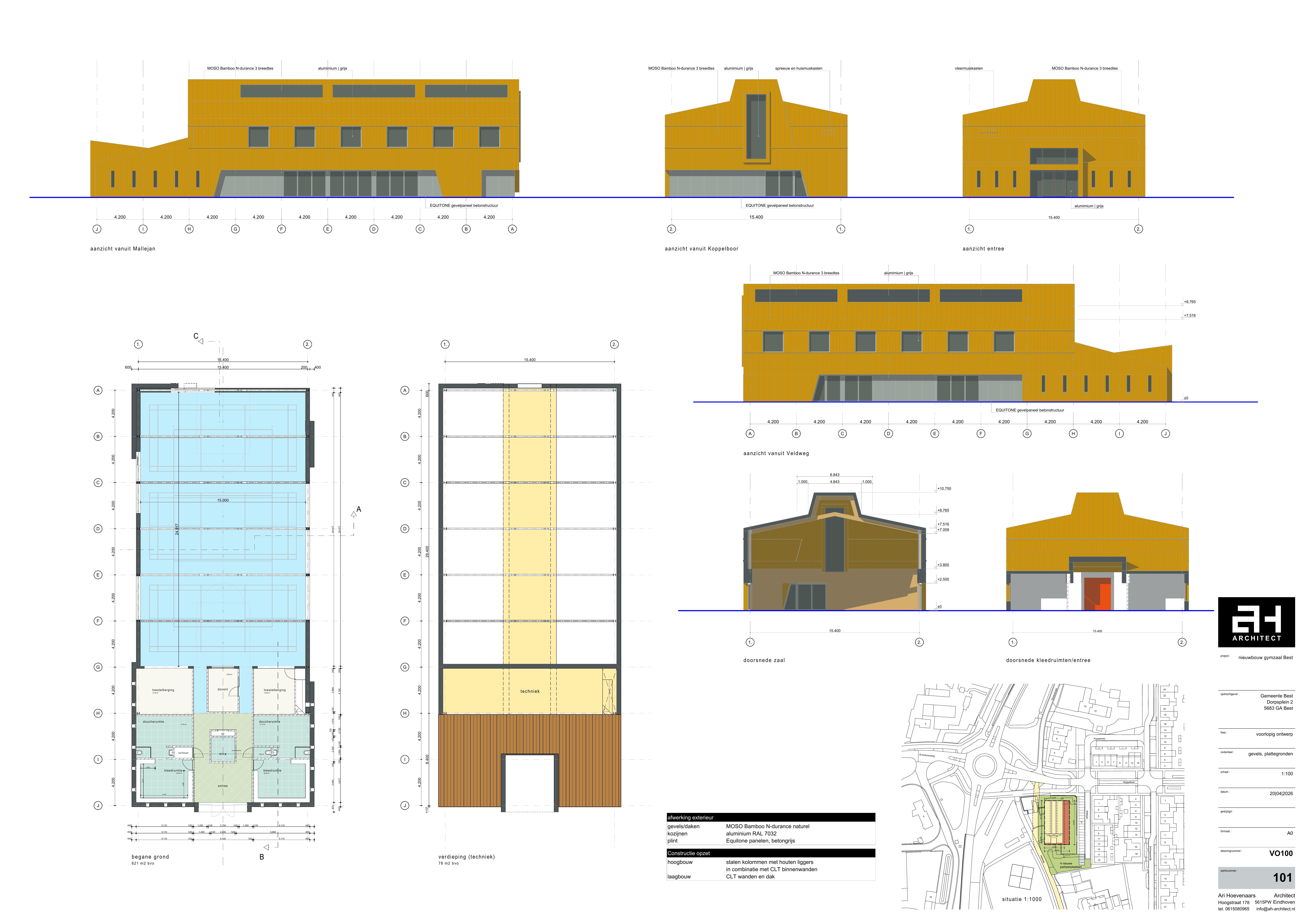 Schematische tekening van het voorlopige nieuwbouwontwerp van de gymzaal scholen Dijkstraten en Aarlesche Erven