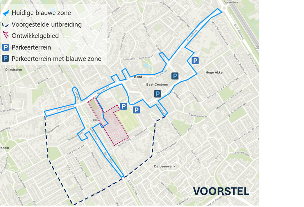 Plattegrond voorgestelde gebied blauwe zone stationsomgeving Een plattegrond waarin je een blauwe lijn zit die de huidige blauwe zone in het centrum aangeeft. En een stippellijn die het voorgestelde gebied laat zien waar de gemeente ook blauwe zone wil invoeren.